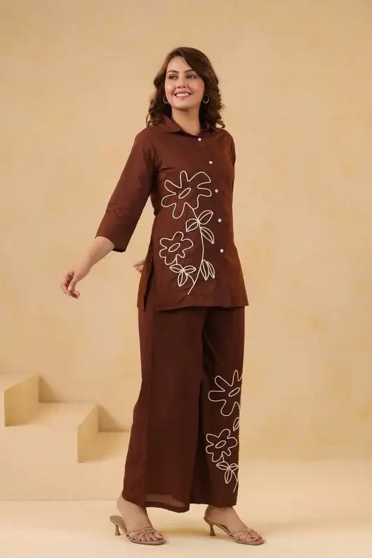 Cocoa Brown Floral Embroidered Cotton Co-ord Set