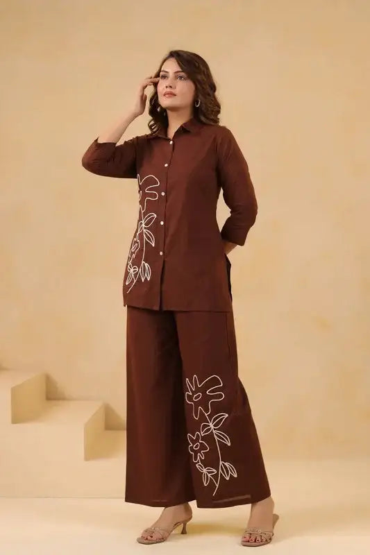 Cocoa Brown Floral Embroidered Cotton Co-ord Set