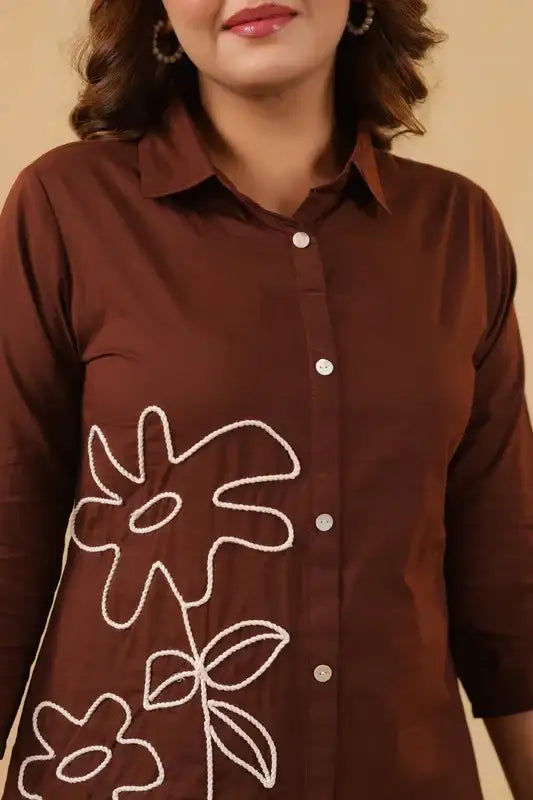 Cocoa Brown Floral Embroidered Cotton Co-ord Set