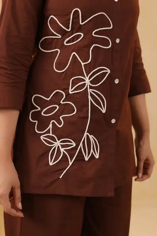 Cocoa Brown Floral Embroidered Cotton Co-ord Set
