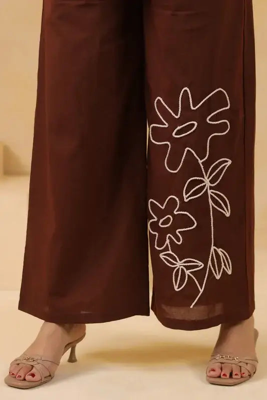 Cocoa Brown Floral Embroidered Cotton Co-ord Set
