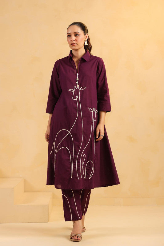 Majestic Muse Giraffe Purple Embroidered Cotton Co-ord Set