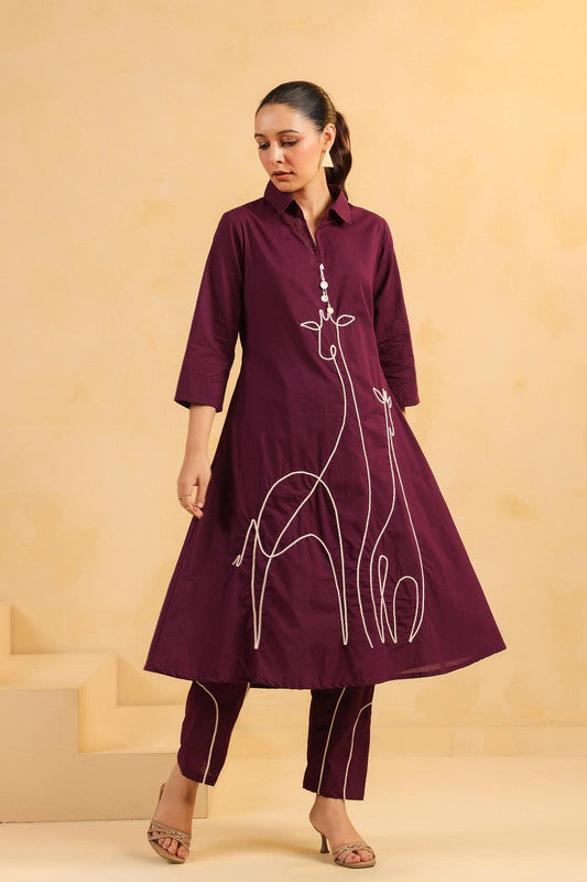 Majestic Muse Giraffe Purple Embroidered Cotton Co-ord Set