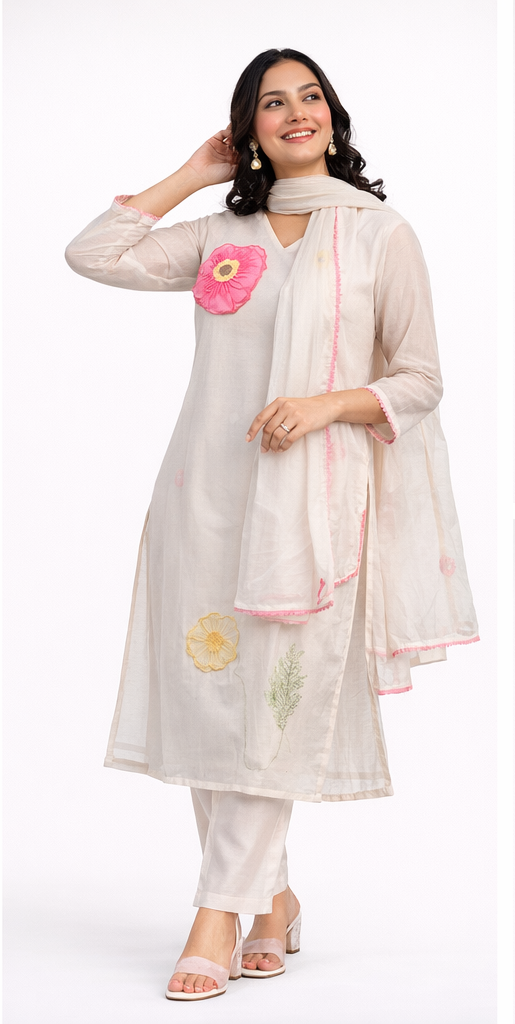 Elegant Cotton 3PC Kurta Pant Dupatta Set with Floral Applique –Festive & Casual Ethnic Wear