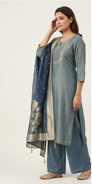 Straight Fit Tissue Kurta Set with Banarasi Dupatta | Heavy Neckline Ethnic Suit