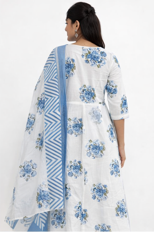 White & Blue Floral Pure Cotton Angrakha Style Anarkali Suit Set – 3 Piece Ethnic Wear