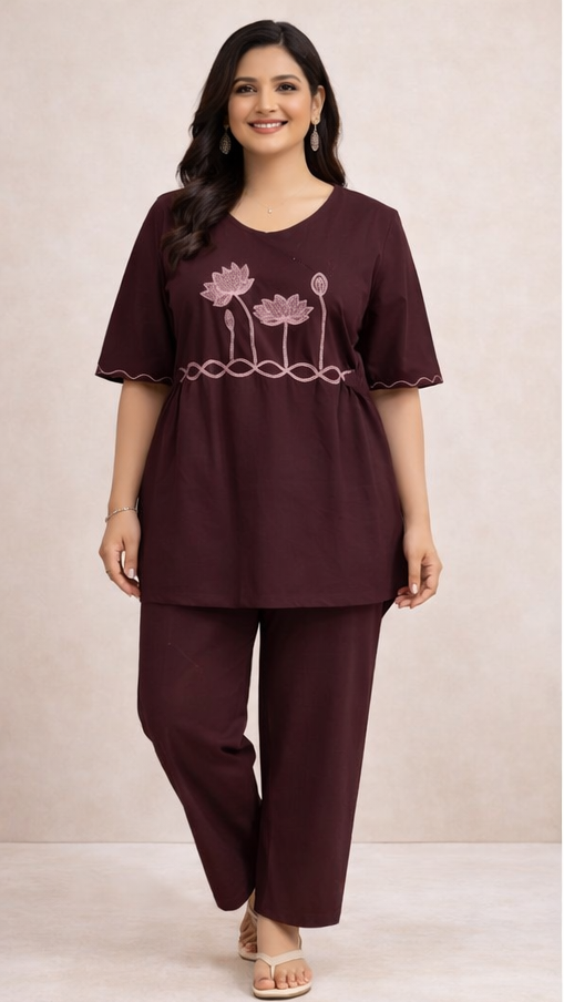 Maroon Cotton 2 Piece Co-Ord Set with Embroidered Top | Designer Kurti, Pant  Festive & Party Wear