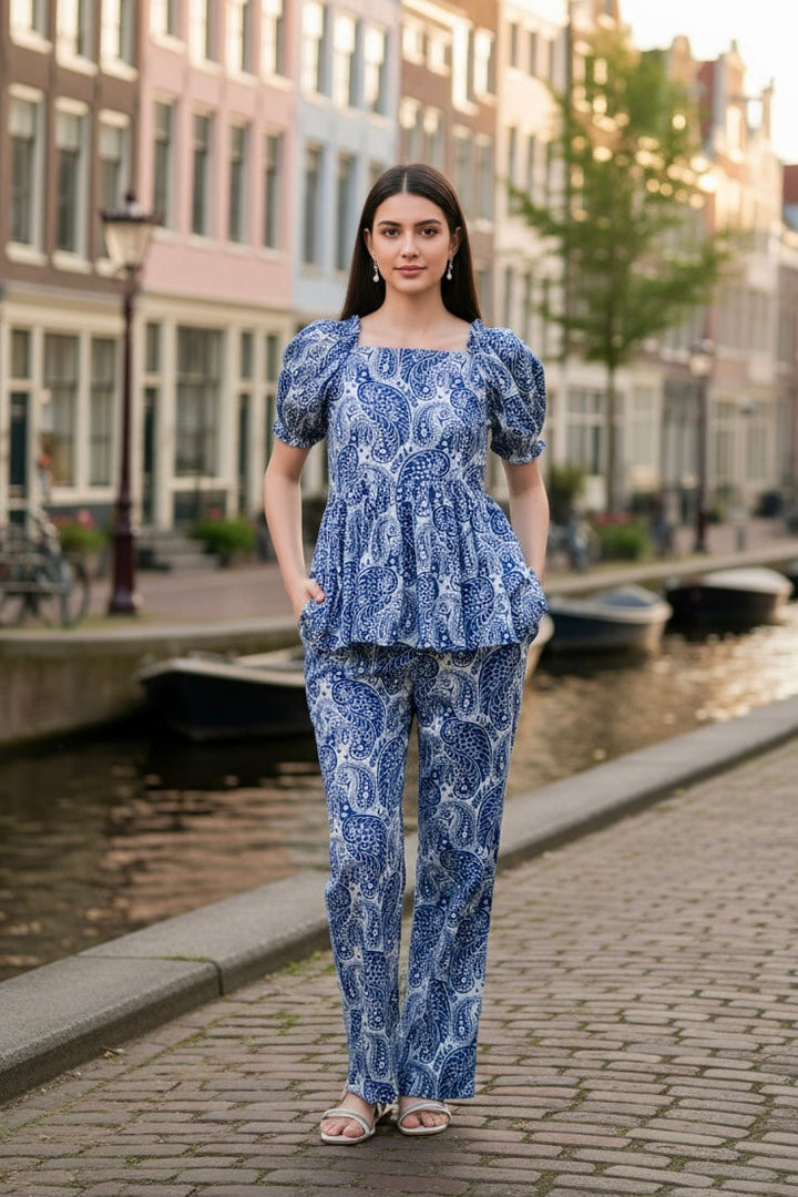 Midnight Blue Paisley Peplum Cotton Co-ord Set