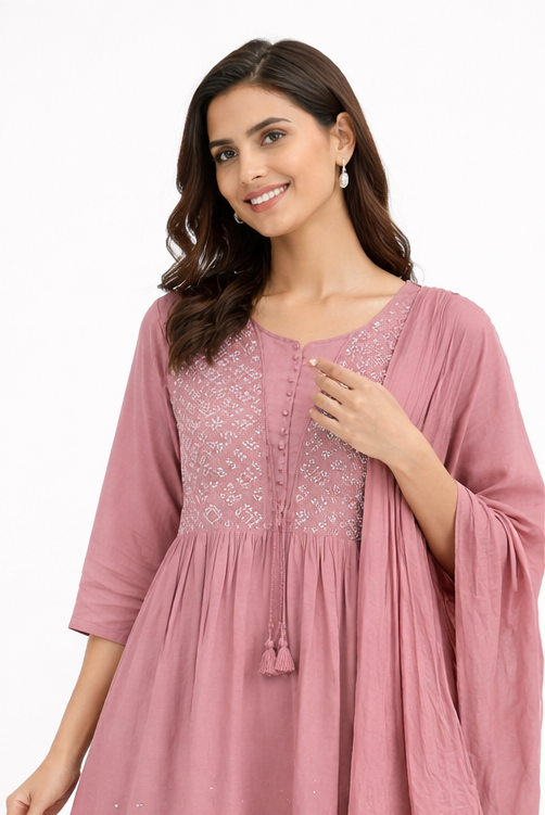 Blush Pink Pure Cotton Embroidered Kurti Set with Dupatta