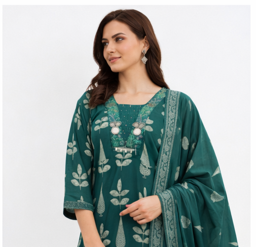 Pure Cotton 3 Piece Kurta Pant Set with Dupatta | Ethnic Printed Suit Set (Size 38–46)
