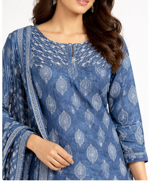Blue Pure Cotton Kurti Pant Set with Dupatta – Comfortable 3PC Ethnic Set