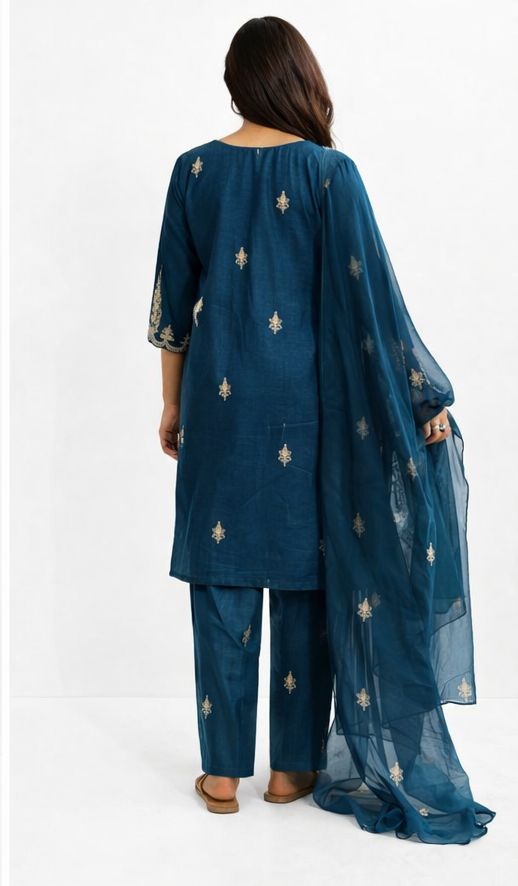 Teal Blue Embroidered Kurti Set with Dupatta | Premium Festive Wear