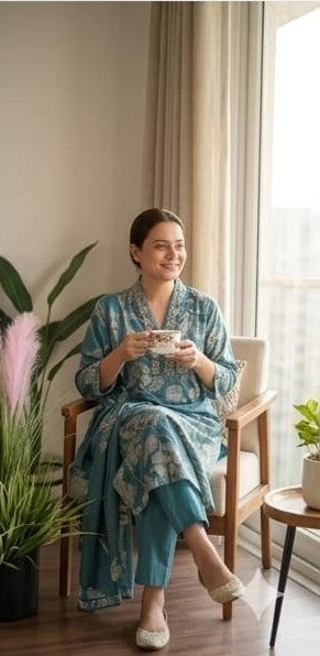 Pure Muslin Kurta Set with Dupatta | Handwork Neckline 3 Piece Ethnic Suit