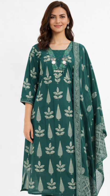 Pure Cotton 3 Piece Kurta Pant Set with Dupatta | Ethnic Printed Suit Set (Size 38–46)
