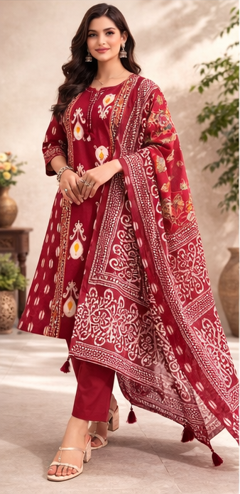 Maroon Pure Cotton 3 Piece Suit Set with Dupatta | Traditional Printed Kurti Pant Set for Women