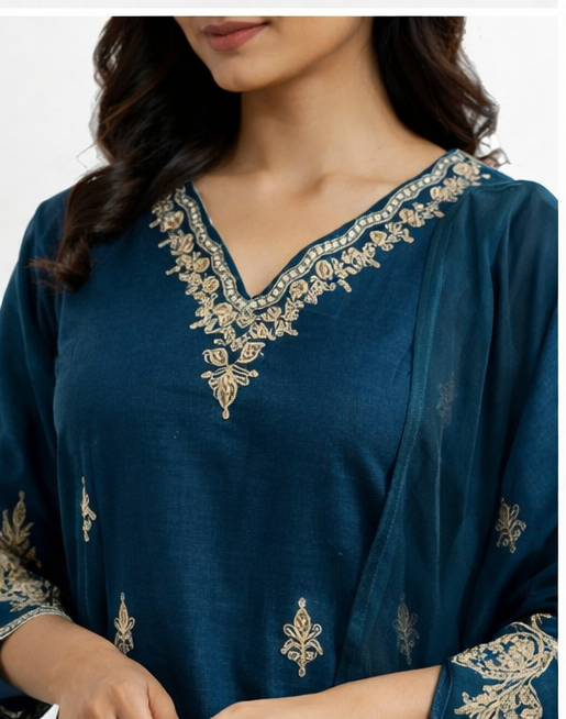 Teal Blue Embroidered Kurti Set with Dupatta | Premium Festive Wear