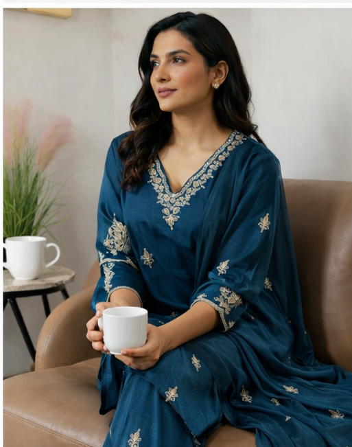 Teal Blue Embroidered Kurti Set with Dupatta | Premium Festive Wear