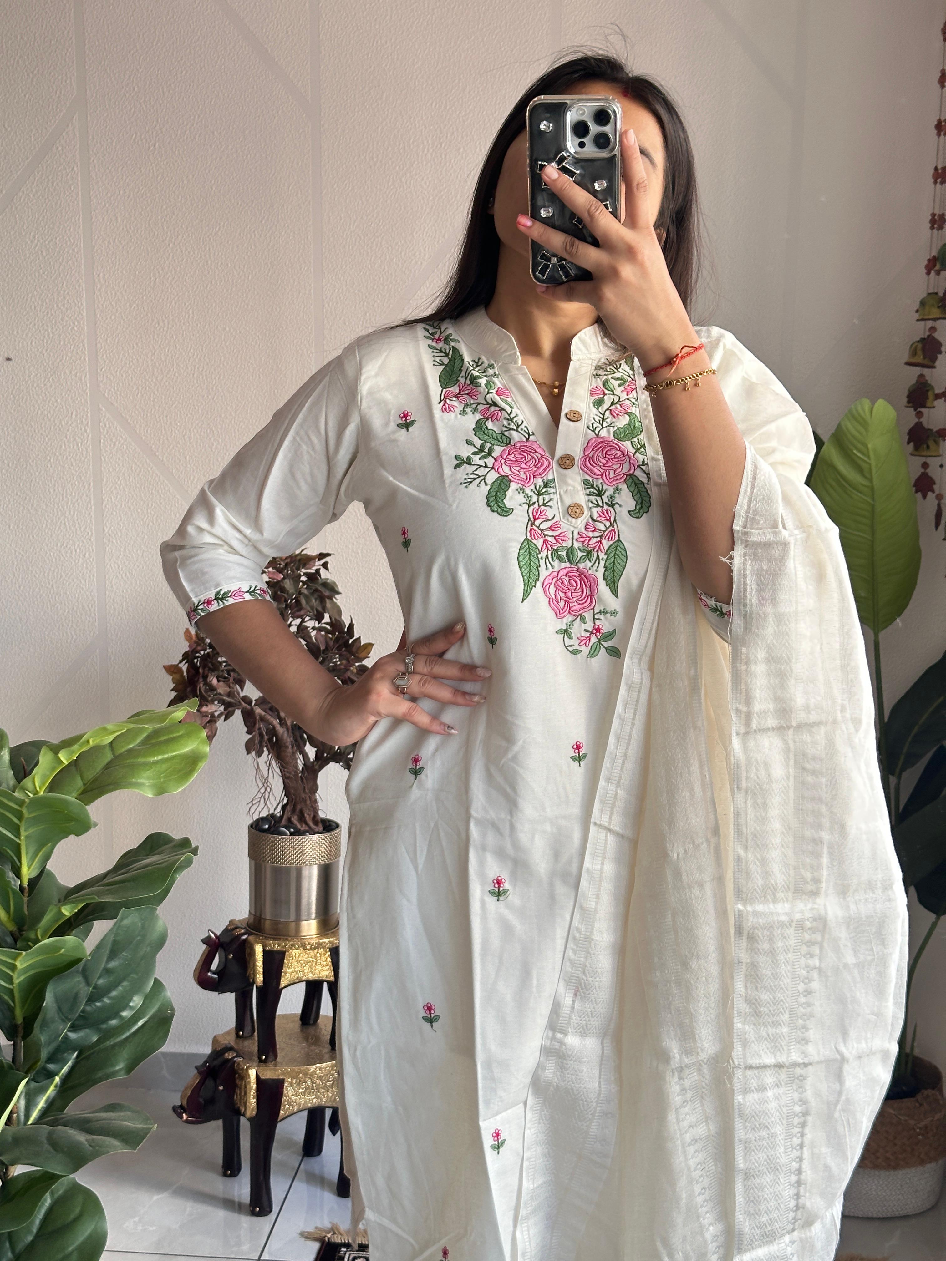 Khadi cotton beautiful embroidery kurti set