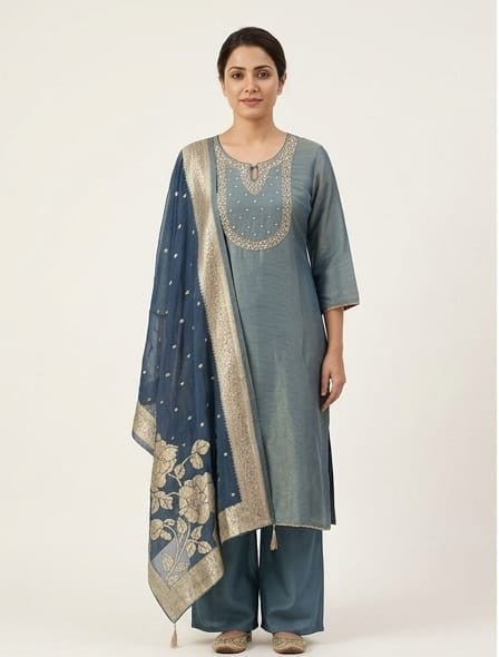 Straight Fit Tissue Kurta Set with Banarasi Dupatta | Heavy Neckline Ethnic Suit