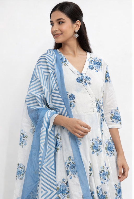 White & Blue Floral Pure Cotton Angrakha Style Anarkali Suit Set – 3 Piece Ethnic Wear
