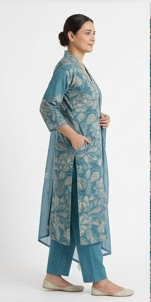Pure Muslin Kurta Set with Dupatta | Handwork Neckline 3 Piece Ethnic Suit