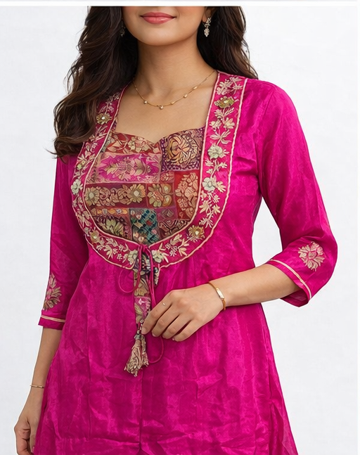 Rani Pink Pure Crape Silk Indo Western Set with Hand Work | Banarasi Jacquard Crop Top with Crape Silk Divider & Shrug | Festive & Wedding Wear