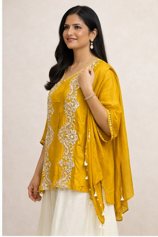 Mustard Yellow Designer Top with Flared Divider Set | Hand Embroidered Indo Western Outfit for Women | Free Size