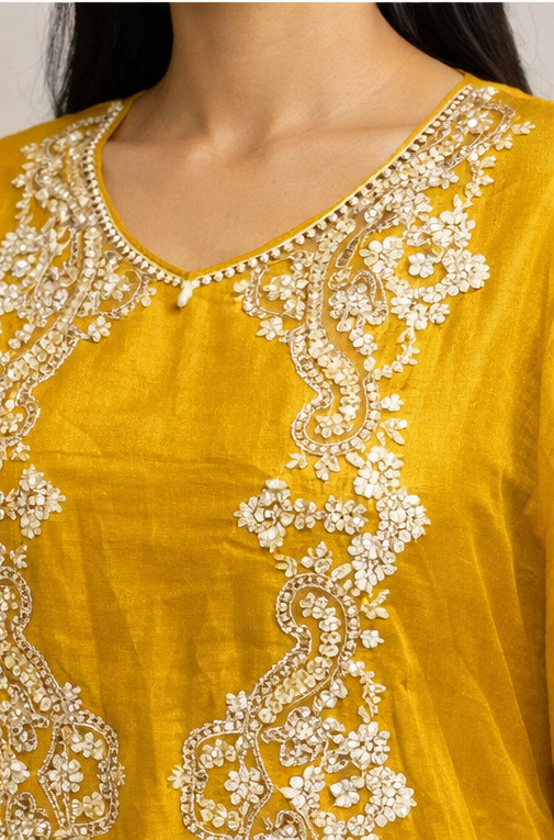 Mustard Yellow Designer Top with Flared Divider Set | Hand Embroidered Indo Western Outfit for Women | Free Size