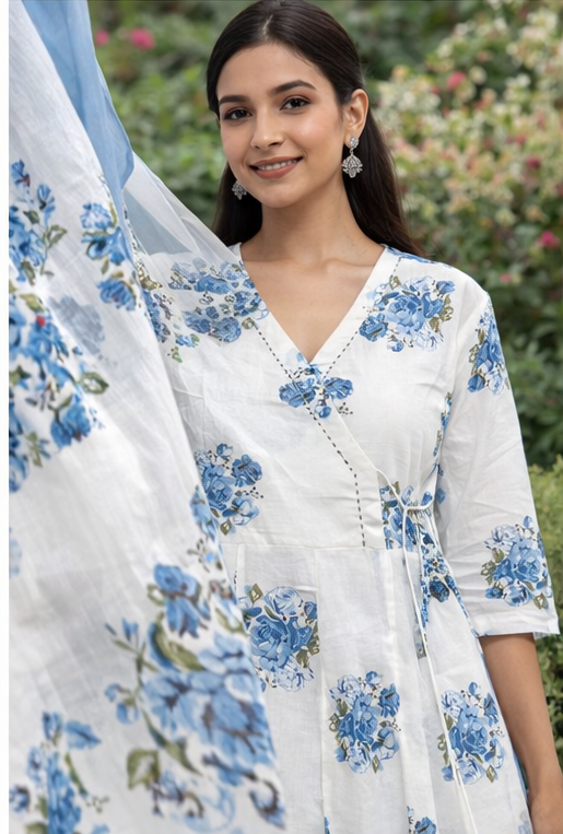 White & Blue Floral Pure Cotton Angrakha Style Anarkali Suit Set – 3 Piece Ethnic Wear