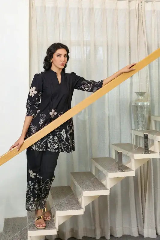 Tropical Whisper Black Cotton Co-ord Set