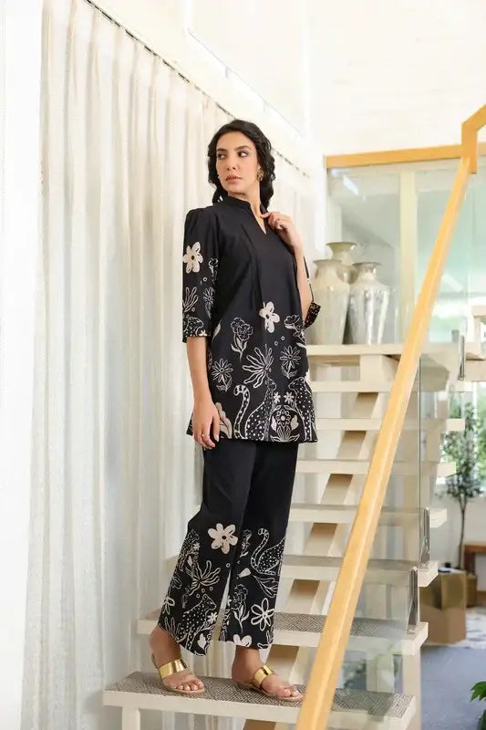 Tropical Whisper Black Cotton Co-ord Set