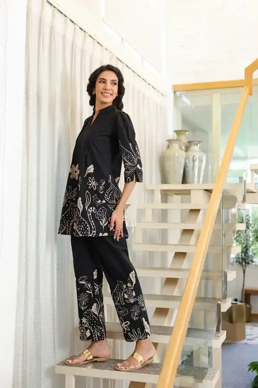 Tropical Whisper Black Cotton Co-ord Set