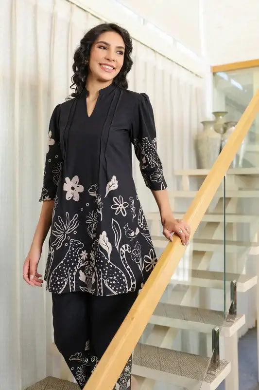 Tropical Whisper Black Cotton Co-ord Set