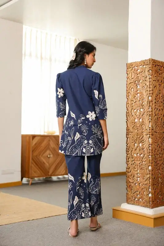 Navy Blue Floral Twilight Cotton Co-ord Set