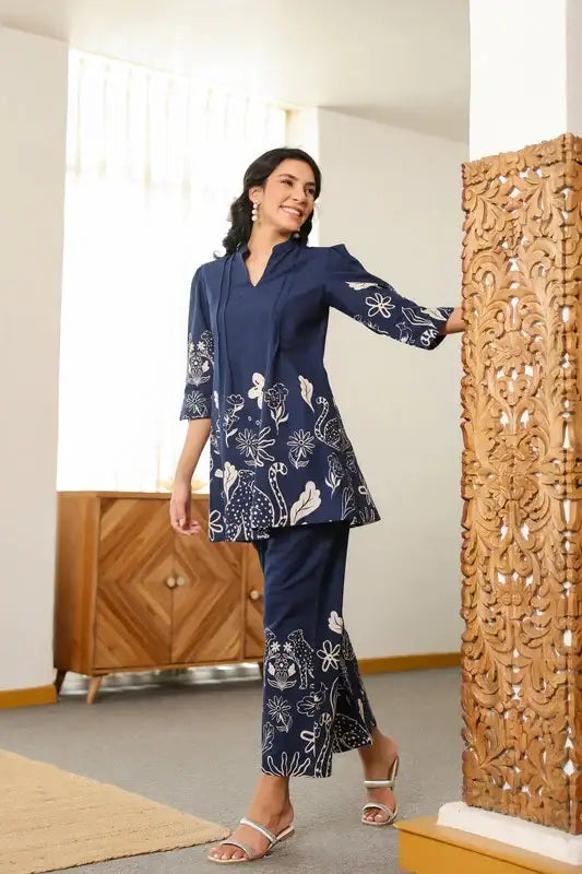Navy Blue Floral Twilight Cotton Co-ord Set