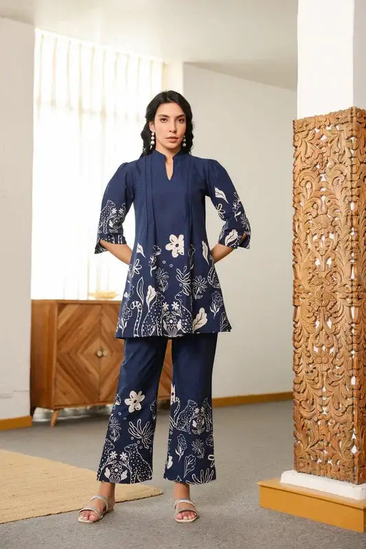 Navy Blue Floral Twilight Cotton Co-ord Set