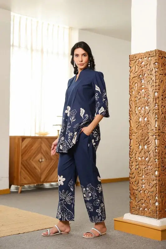 Navy Blue Floral Twilight Cotton Co-ord Set