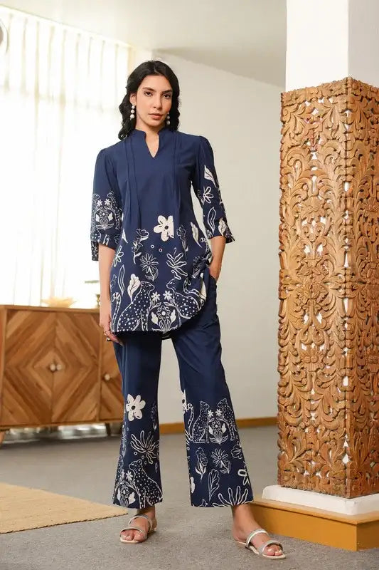 Navy Blue Floral Twilight Cotton Co-ord Set
