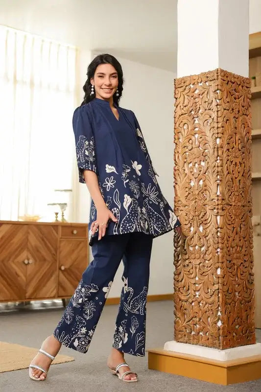 Navy Blue Floral Twilight Cotton Co-ord Set