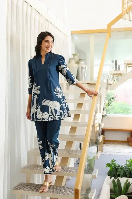 Navy Blue Jungle Mystique Cotton Co-ord Set