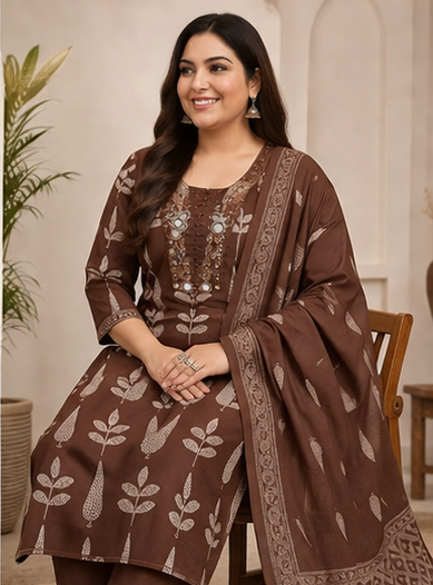 Plus Size Pure Cotton 3 Piece Kurta Pant Set with Dupatta | Ethnic Printed Suit Set (Size 48–52)