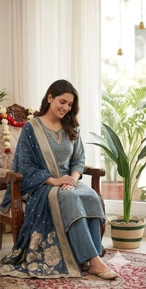 Straight Fit Tissue Kurta Set with Banarasi Dupatta | Heavy Neckline Ethnic Suit