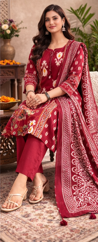 Maroon Pure Cotton 3 Piece Suit Set with Dupatta | Traditional Printed Kurti Pant Set for Women