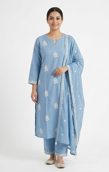 Elegant Blue Embroidered Kurta Set with Dupatta | 3 Piece Ethnic Suit