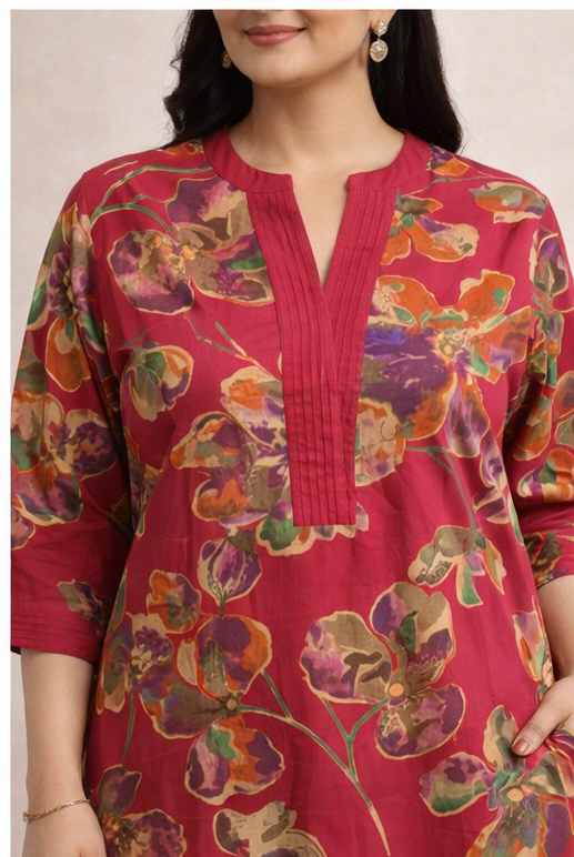 Rani Pink Pure Cotton A-Line Kurti Pant Set | Floral Printed 2 Piece Ethnic Set for Women |