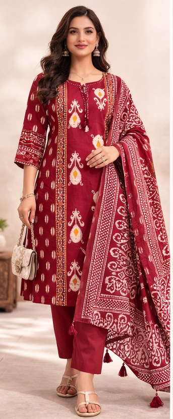 Maroon Pure Cotton 3 Piece Suit Set with Dupatta | Traditional Printed Kurti Pant Set for Women