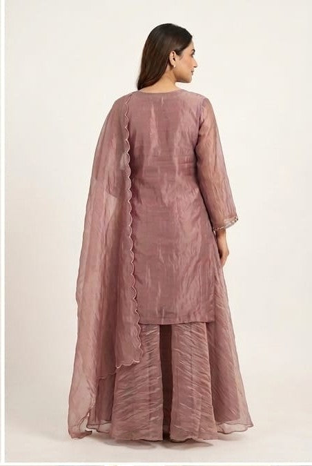 Pure Glass Tissue Short Kurti Set with Divider Pants & Dupatta | Designer Ethnic Party Wear