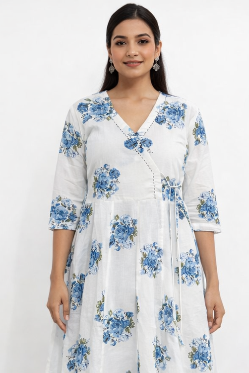 White & Blue Floral Pure Cotton Angrakha Style Anarkali Suit Set – 3 Piece Ethnic Wear