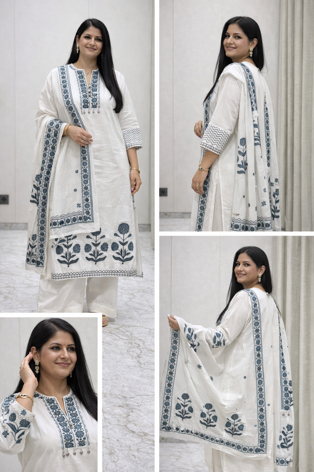 Elegant White Printed Muslin Kurta Set with Dupatta – 3 Piece Women Ethnic Wear