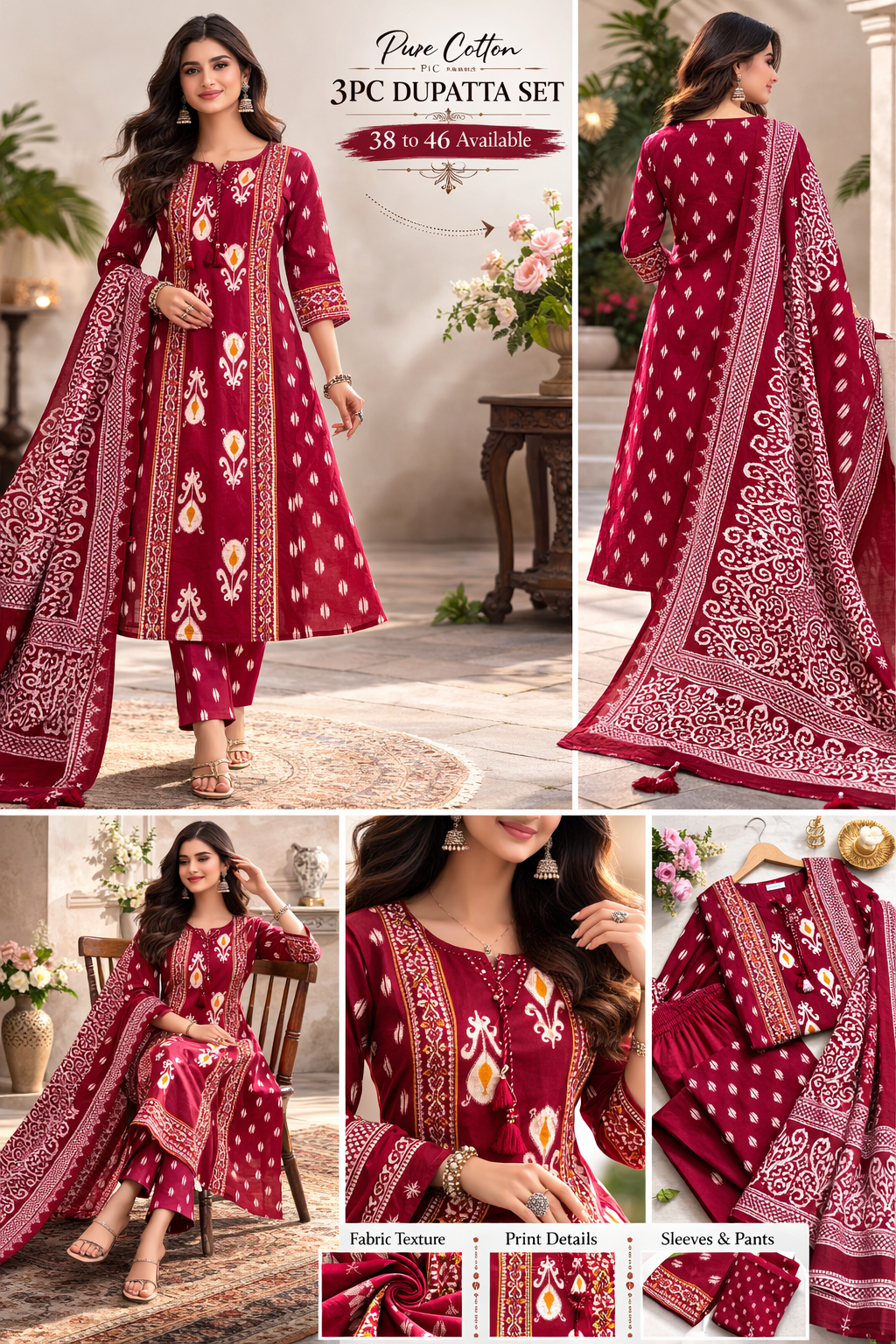 Maroon Pure Cotton 3 Piece Suit Set with Dupatta | Traditional Printed Kurti Pant Set for Women